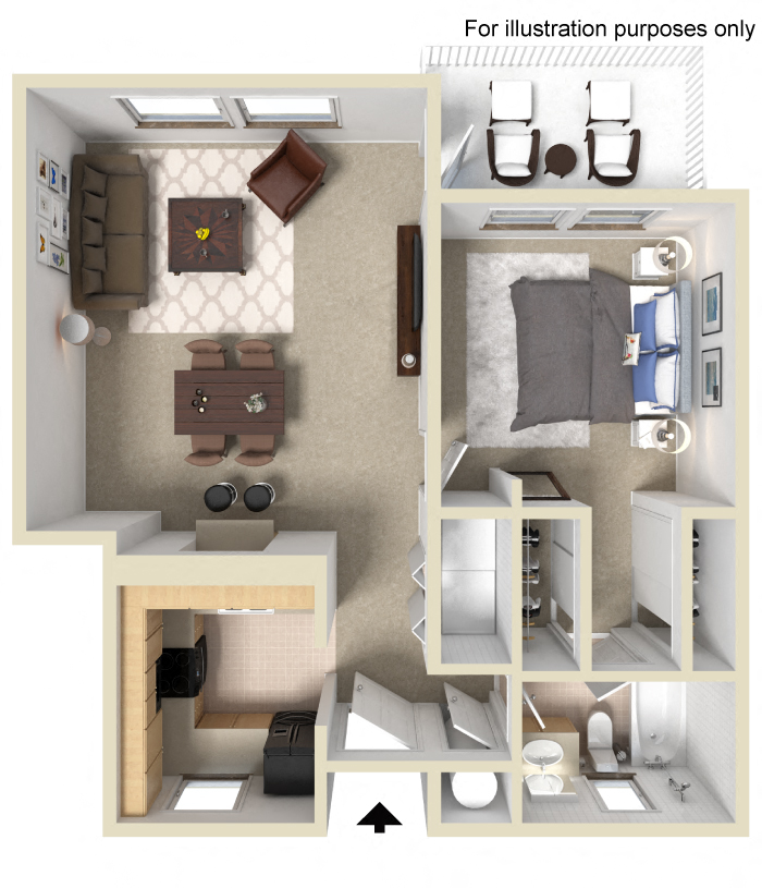 Floor plan for 1 bed, 1 bath, 660 sqft